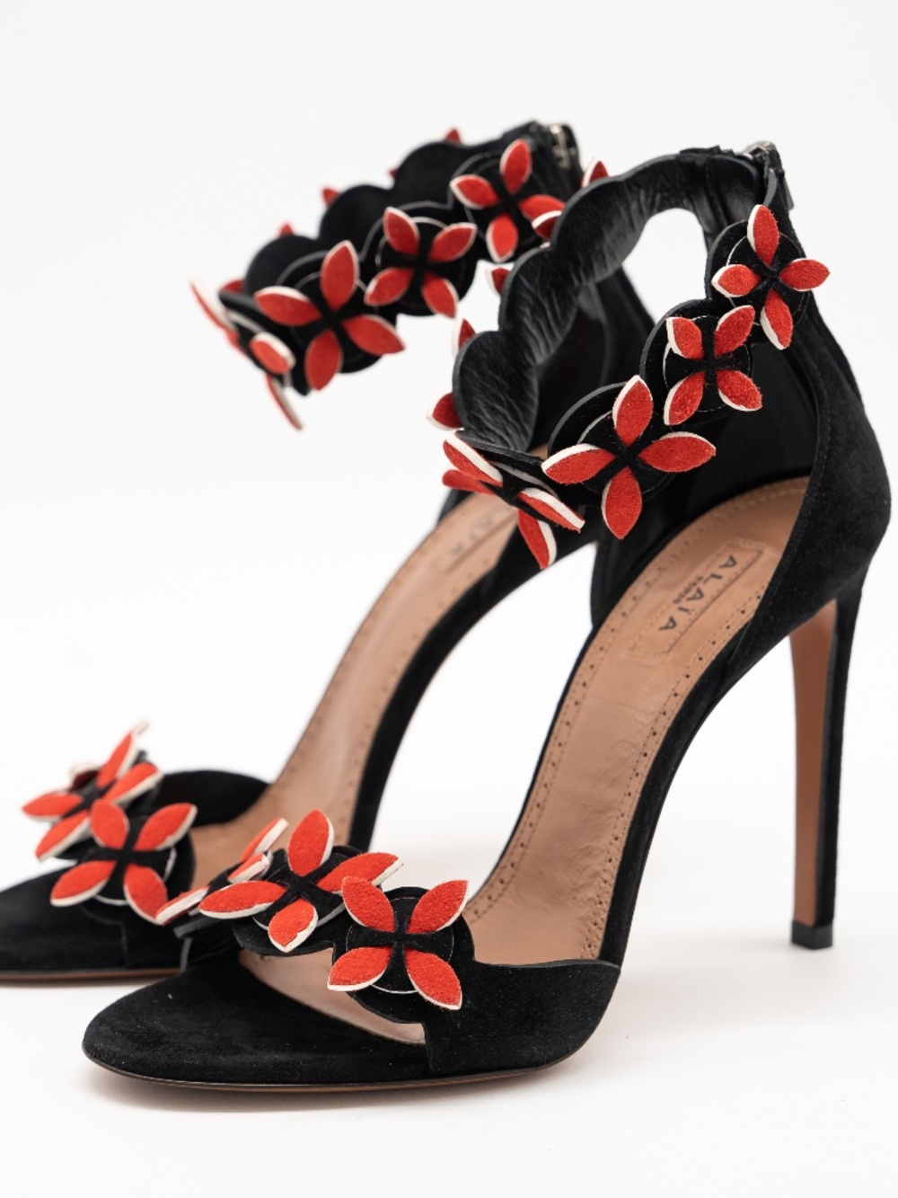 Alaia Sandals Heels La Bombe 90 Black Strap Red Flowers Suede size 36 EU 6 US